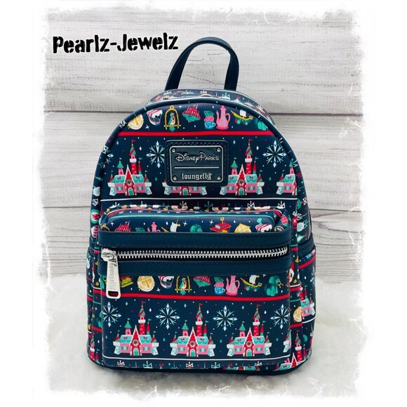 Loungefly Disney Parks Ugly Sweater Landmarks Castle Mickey Mouse Backpack NWT - Picture 2 of 6
